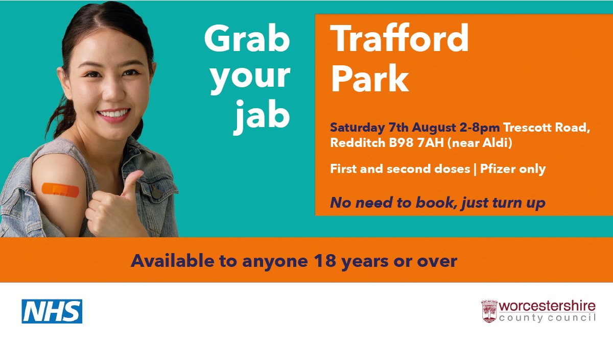 NEW: temporary walk-in vaccination clinic on Trafford Car Park (near Aldi) NEXT WEEKEND! Saturday 7th August, 2-8pm.
No need to book, just turn up. All adults aged 18 and over can now #GrabAJab 💉
First and second Pfizer doses available!