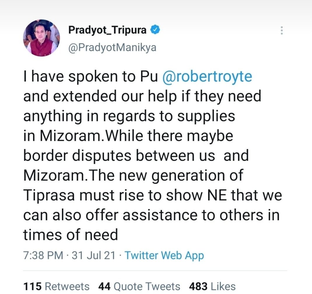 Thank you sir <a href="/PradyotManikya/">Pradyot_Tripura</a>  for your Generosity for Mizoram. May the god bless the Northeastern and your family. 🙏