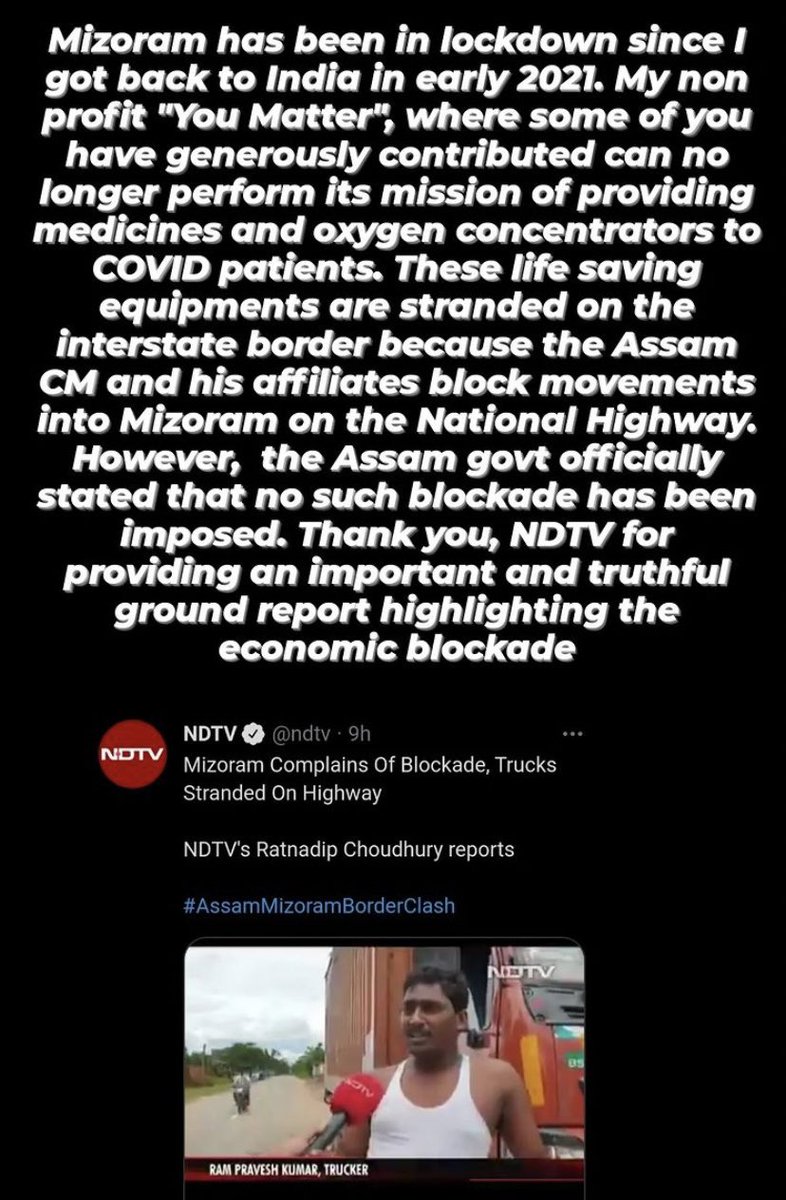 souledfreak's tweet photo. Medicines and Oxygen Concentrators are stranded on the border due to blockage by Assam CM and his Affiliates. How is this happening in a democratic country?
#resignassamCM 
#supportmizorampolice 
#mizoramspeaksout https://t.co/KhtUwlVomn
