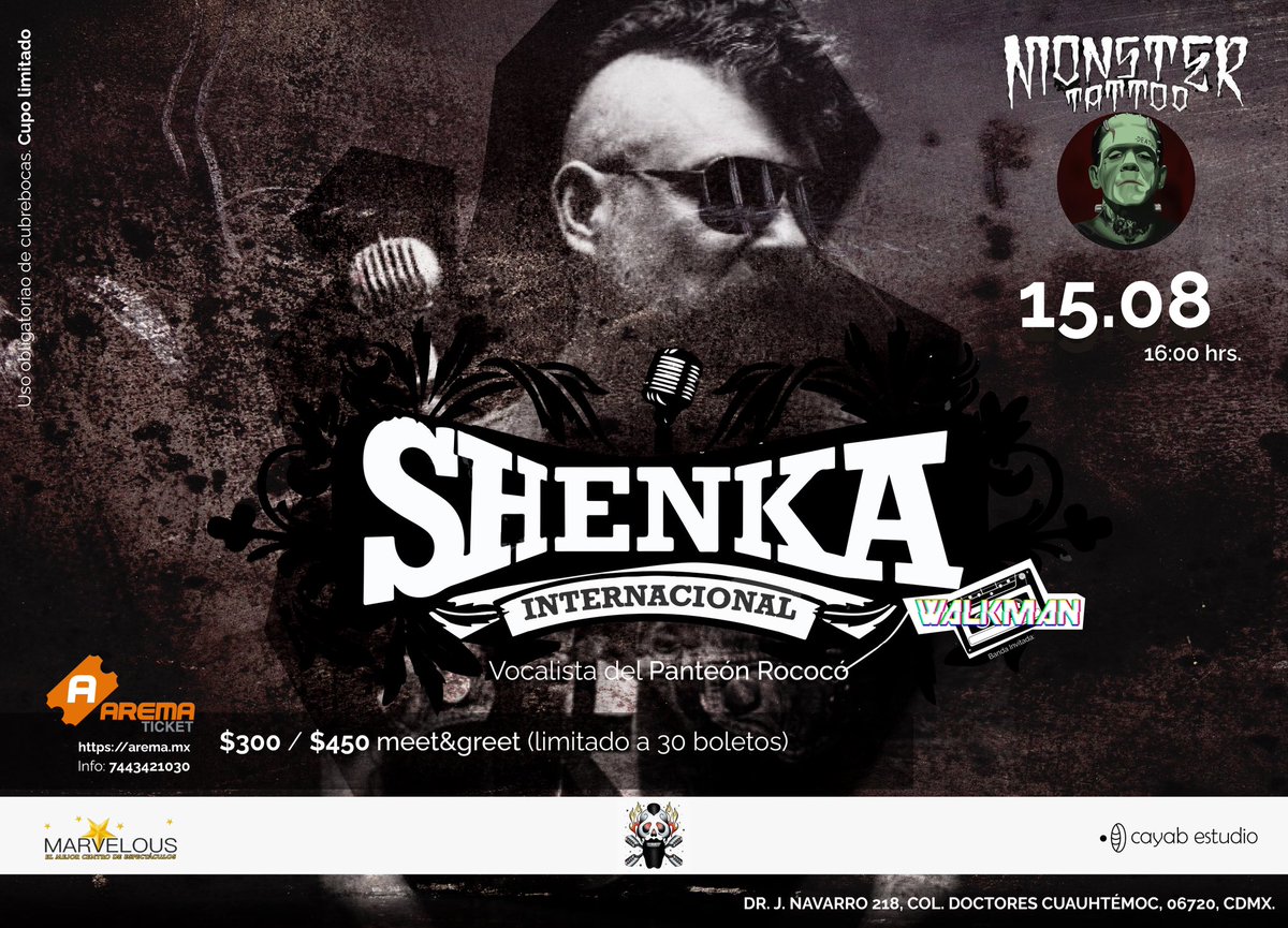 Dr. Shenka, vocalista de Panteón Rococó y uno de los mejores frontman de México, presenta por primera vez su proyecto "Shenka Internacional", que además será en un nuevo recinto de espectáculos: @ce_marvelous #🎙15 de agosto #😎 <a href="/ShenkaOfficial/">Dr. Shenka</a>