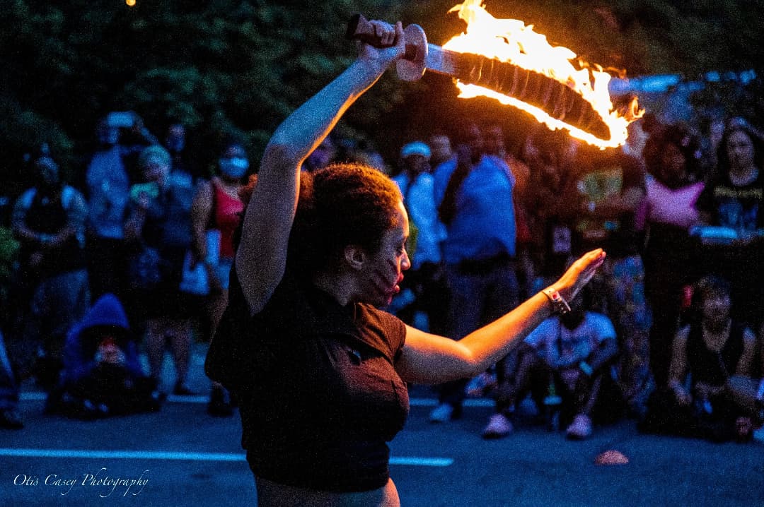 RunItsLilWolf's tweet photo. And so, the fire was stirred with the sword! #photocredit @ otiscaseyphotographer (on Instagram) 
#fire #firesword #FLOW #flowart #Blerdcon #blerDCon2021 #MMIW #MMIWG #NativeAmerican https://t.co/qHavBOdJV6