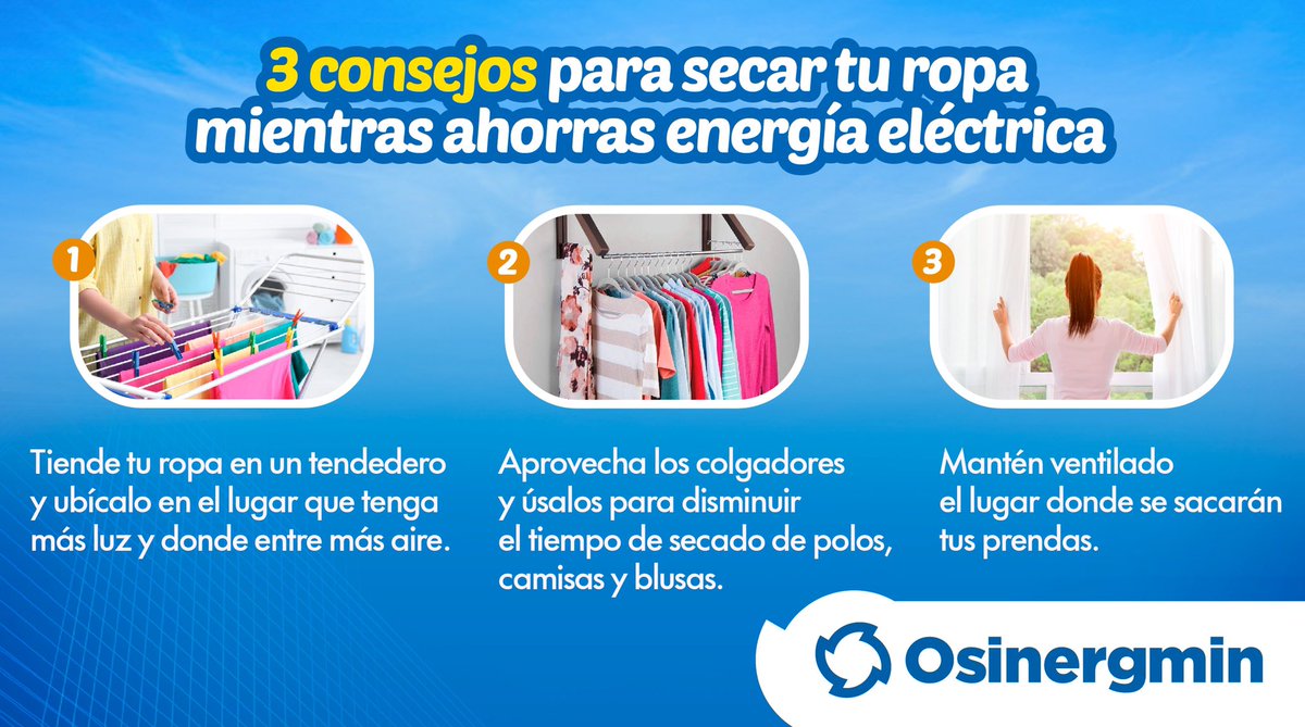 OSINERGMIN's tweet photo. 👋 Apunta estos cinco consejos #Osinergmin para secar la ropa con uso racional de la energía y compártelos #Consejos #SecarRopa #ahorroenergetico https://t.co/Y9NKSGfUy4