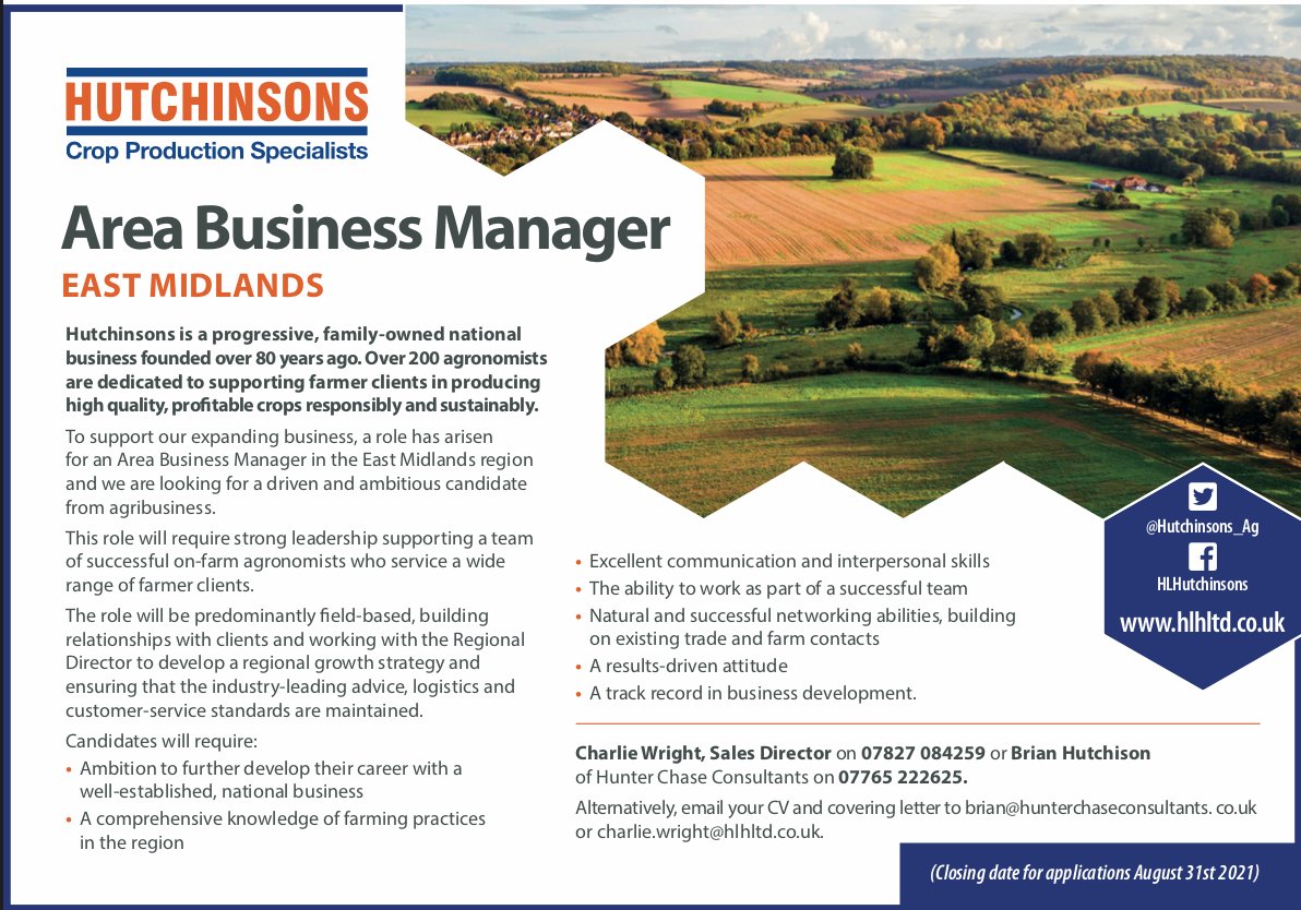 Due to business expansion we are looking for suitable candidates for the role of Area Business Manager for the East Midlands for Hutchinsons. Please ring Brian Hutchison for a confidential discussion on 07765 222625