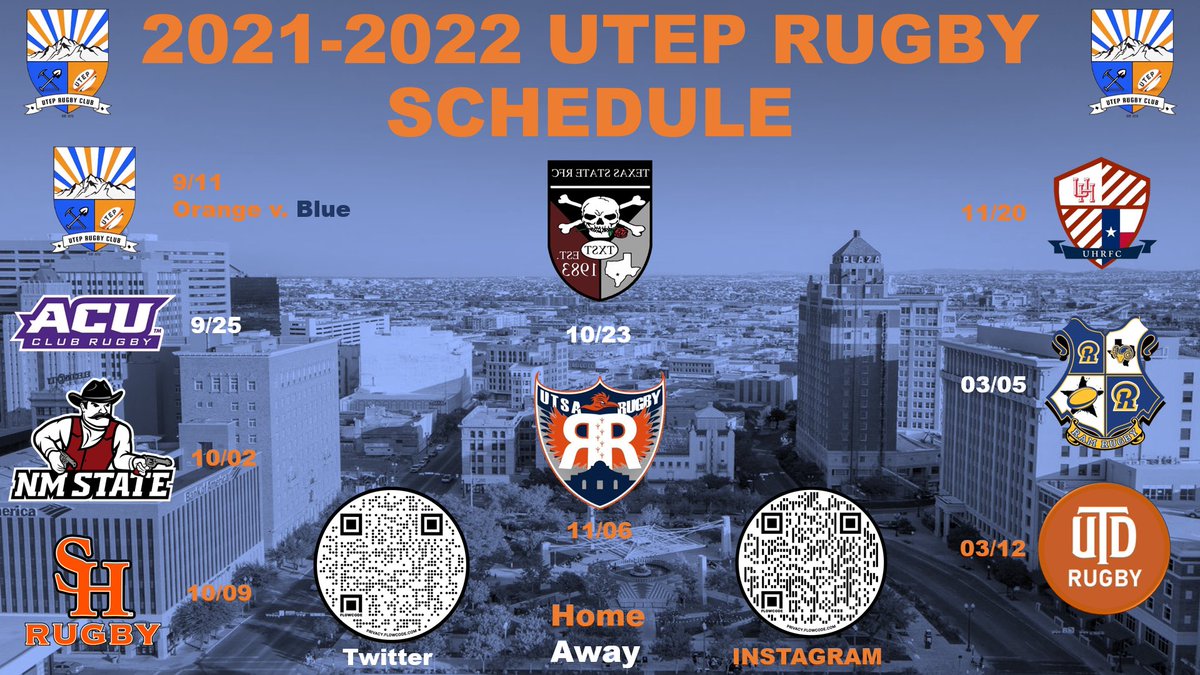 RugbyUtep's tweet photo. 2021-2022 Season Schedule. Come put and support Miner Rugby. New guys always welcome. Practice every Tuesday and Thursday at University Field. #uteprugby #uteprugbyclub #utep #utepminers #elpaso #915 #rugby #rugbyunion #GoMiners #picksup https://t.co/o0VyyYjAOs