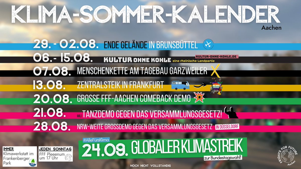 FutureFridaysAC's tweet photo. ☀️ Klima-Sommer-Kalender für #Aachen ☀️

Holy! Da geht ganz schön was ab bei uns! Tragts euch in die Kalender ein und teilt es mit allen klimabewegten Menschen in eurer Reichweite!
 
Wir haben heftig Bock auf die ganzen Aktionen!💥
#systemchangenotclimatechange https://t.co/dKBqECUQU1