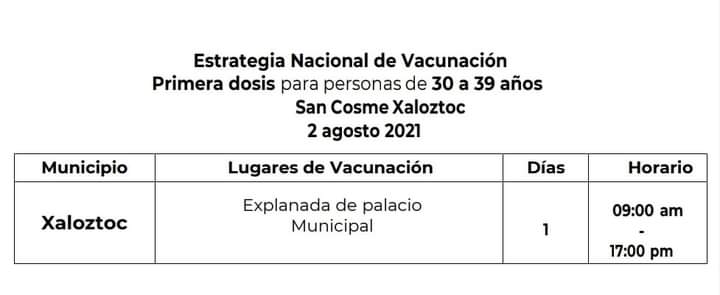 DrMarioLopezL's tweet photo. 💉| La Delegación del @BienestardeTla1, me ha informado sobre la aplicación de la Vacuna anti #Covid19 a personas de 30 a 39 años primera dosis. Para que les puedan aplicar dicha vacuna de 09:00 am en adelante, el próximo Lunes 02 de Agosto en los Arcos de la Presidencia Mpal. https://t.co/p8DnCz2mW4