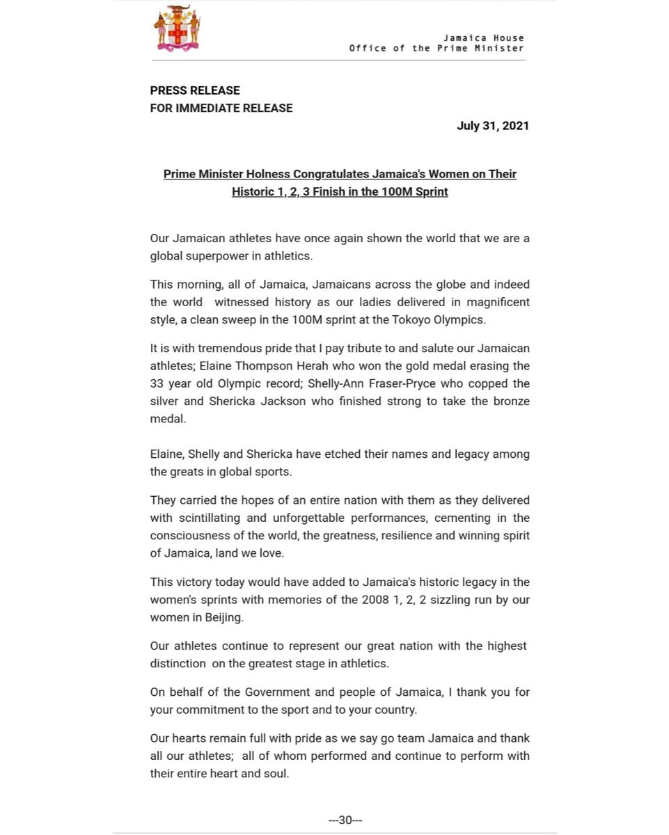AndrewHolnessJM's tweet photo. #PressRelease: Our Jamaican athletes have once again shown the world that we are a global superpower in athletics. https://t.co/lFxcs6oAib