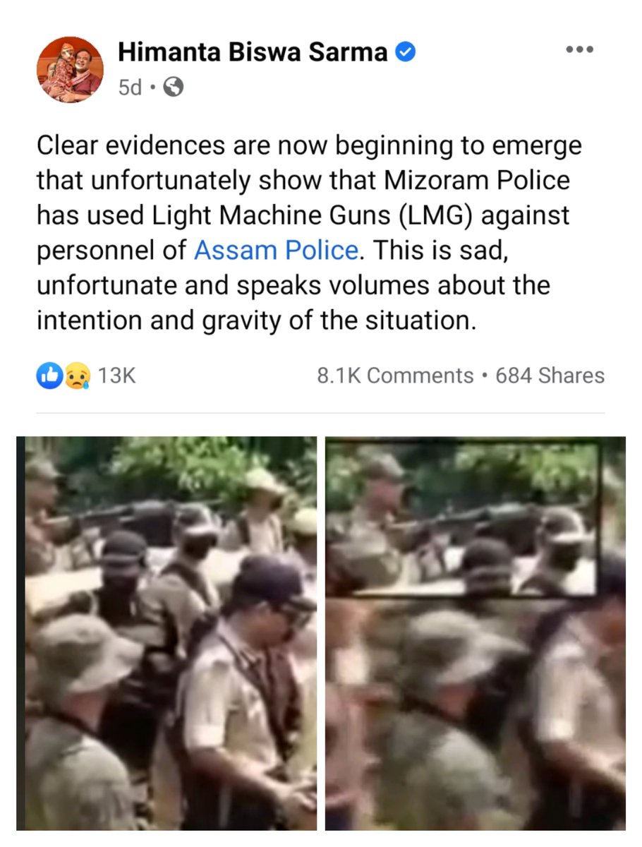 Sangtealhsa's tweet photo. Assam cm himanta is the real world champion of the liar. Look at the picture you can see those assam police hold the LMG but himanta said 'Mizoram police has used LMG'.. dear father of the liar cm himanta ji please wakeup from your dreamland
#himantaexposed 
#mizoramspeaksout https://t.co/8C99tKevB9
