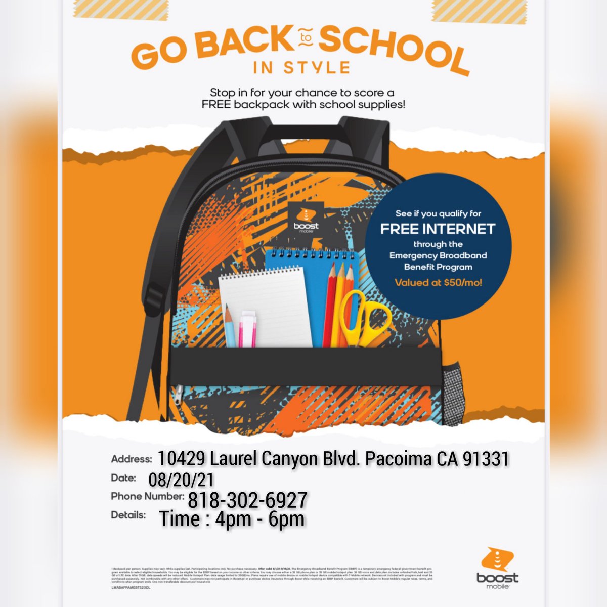 Back to school event is here!!! On 08-20-21 10429 Laurel Canyon Blvd. Pacoima CA 91331 from 4pm - 6pm. Call for any information 818-302-6927. Bring the whole family, tell your friends. We are giving away free school supplies.
#boostmobile #boostevent #backtoschool #free #giveaway