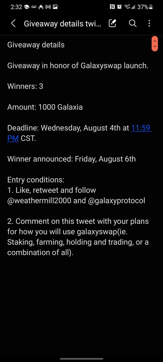 weathermill2000's tweet photo. Here we go people. Giveaway time! In honor of launch of galaxyswap, i will be giving away 1000 galaxia to 3 lucky winners. Details are as follows: #galaxia #TeamGalaxy #galaxyswap #GalaxyProtocol #BSCGem #altcoin #giveaway #Crypto #DeFi #YieldFarming #staking https://t.co/IQDSj2zCcH