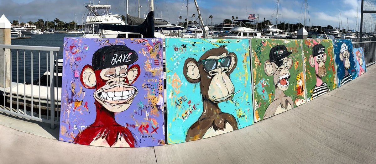 RegisterArtist's tweet photo. Prior to the delivery of 2 of the paintings yesterday, I took the boys out for a visit to the Yacht Club for a drink. #BAYC life! 🍌💩🌊⛵️⛴️ https://t.co/Xk78CySetL