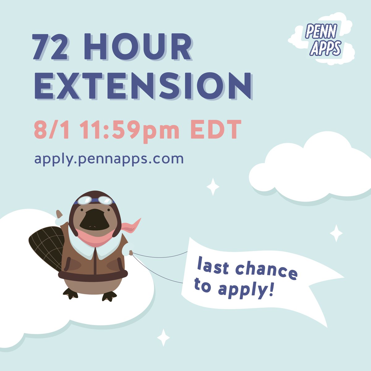 PennApps's tweet photo. β³βοΈ Applications for PennApps XXII have been EXTENDED for 72 hours until August 1st, 11:59PM EDT. Please apply at https://t.co/D3ZmC9lJSv
Check out https://t.co/Sh2G3pxWBZ for info and email contact@pennapps.com with questions
#pennapps #hackathon #hack https://t.co/Ix9BeSbvhj