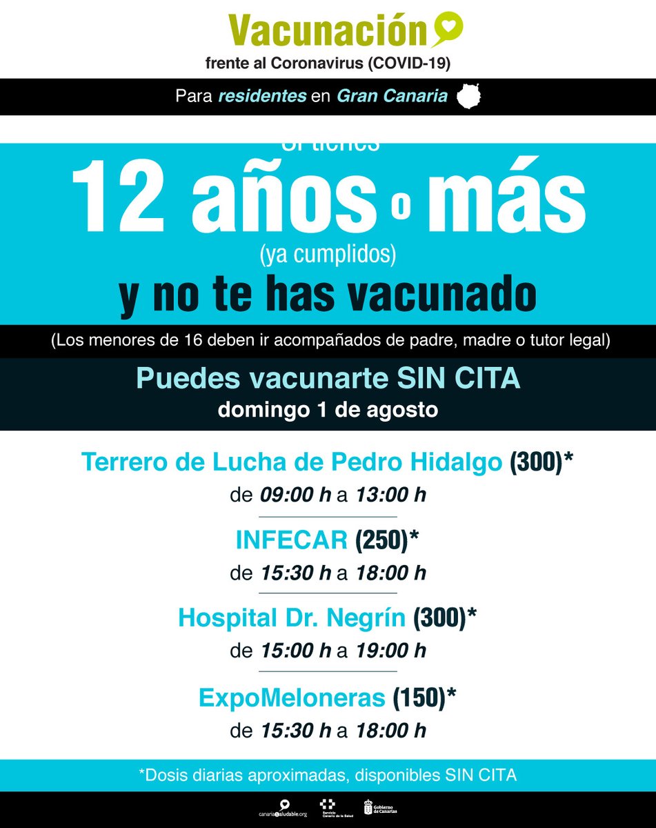 ⭕IMPORTANTE: Las personas con 1⃣2️⃣ años (ya cumplidos) o más podrán vacunarse 💉sin cita este domingo en Gran Canaria.

Los menores de 16 años deberán ir acompañados de su padre, madre o tutor legal.

📍Consulta aquí los puntos y sus horarios👇🏽

#CanariasSeVacuna #YoMeVacuno