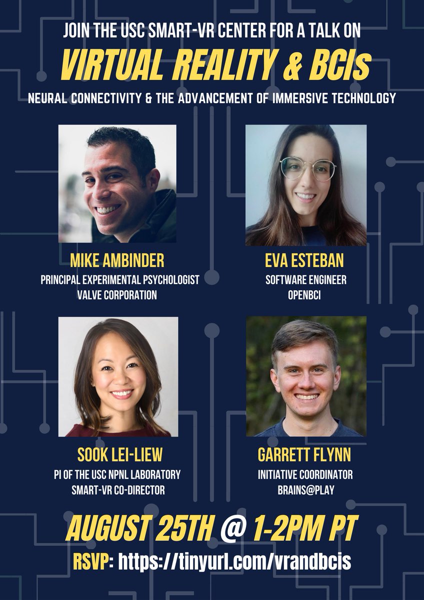 USC SMART-VR Center (@usc_smartvr) on Twitter photo Get ready for our next USC SMART-VR talk: "Virtual Reality and BCIs"!
Our honored guests are <a href="/mike_ambinder/">Mike Ambinder</a> of <a href="/valvesoftware/">Valve</a> and <a href="/_evaesteban/">Eva</a> of <a href="/OpenBCI/">OpenBCI</a>! 🎉
Co-hosting will be Dr. Sook-Lei Liew of <a href="/NPNLatUSC/">NPNL at USC</a> and <a href="/garrettmflynn/">Garrett Flynn</a> of @brainsatplay!
RSVP: tinyurl.com/vrandbcis Get ready for our next USC SMART-VR talk: "Virtual Reality and BCIs"!
Our honored guests are <a href="/mike_ambinder/">Mike Ambinder</a> of <a href="/valvesoftware/">Valve</a> and <a href="/_evaesteban/">Eva</a> of <a href="/OpenBCI/">OpenBCI</a>! 🎉
Co-hosting will be Dr. Sook-Lei Liew of <a href="/NPNLatUSC/">NPNL at USC</a> and <a href="/garrettmflynn/">Garrett Flynn</a> of @brainsatplay!
RSVP: tinyurl.com/vrandbcis