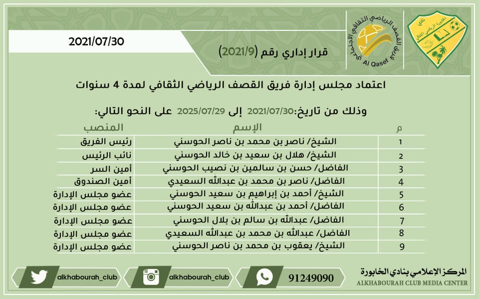 اعتماد مجلس إدارة فريق القصف الرياضي الثقافي.