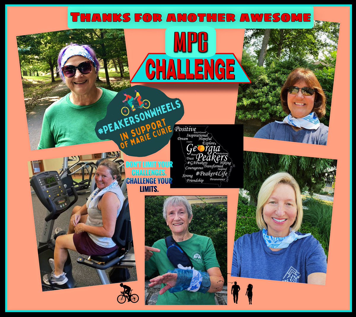 Georgia Peakers (@peakersgeorgia) on Twitter photo It’s the final day of the #MPC #PeakersOnWheels challenge in support of #MarieCurie.
The #GeorgiaPeakers thank you for another awesome, fun challenge!
🚲🚶♀️🏃♀️💪👏👏👏
<a href="/MyPeakChallenge/">My Peak Challenge</a>
<a href="/misty_maggie/">Maggie B</a> <a href="/GHJNancy/">Nancy...Just Nancy</a> <a href="/arco611/">bandana girl - kelly</a> <a href="/BarBarrett1/">Barb B</a> <a href="/hiker52dab/">Hiker52</a> <a href="/thebohopeach/">Jess G</a> <a href="/Carlaj92/">Carla</a> <a href="/ladybay8/">Diane Serralta</a> It’s the final day of the #MPC #PeakersOnWheels challenge in support of #MarieCurie.
The #GeorgiaPeakers thank you for another awesome, fun challenge!
🚲🚶♀️🏃♀️💪👏👏👏
<a href="/MyPeakChallenge/">My Peak Challenge</a>
<a href="/misty_maggie/">Maggie B</a> <a href="/GHJNancy/">Nancy...Just Nancy</a> <a href="/arco611/">bandana girl - kelly</a> <a href="/BarBarrett1/">Barb B</a> <a href="/hiker52dab/">Hiker52</a> <a href="/thebohopeach/">Jess G</a> <a href="/Carlaj92/">Carla</a> <a href="/ladybay8/">Diane Serralta</a>