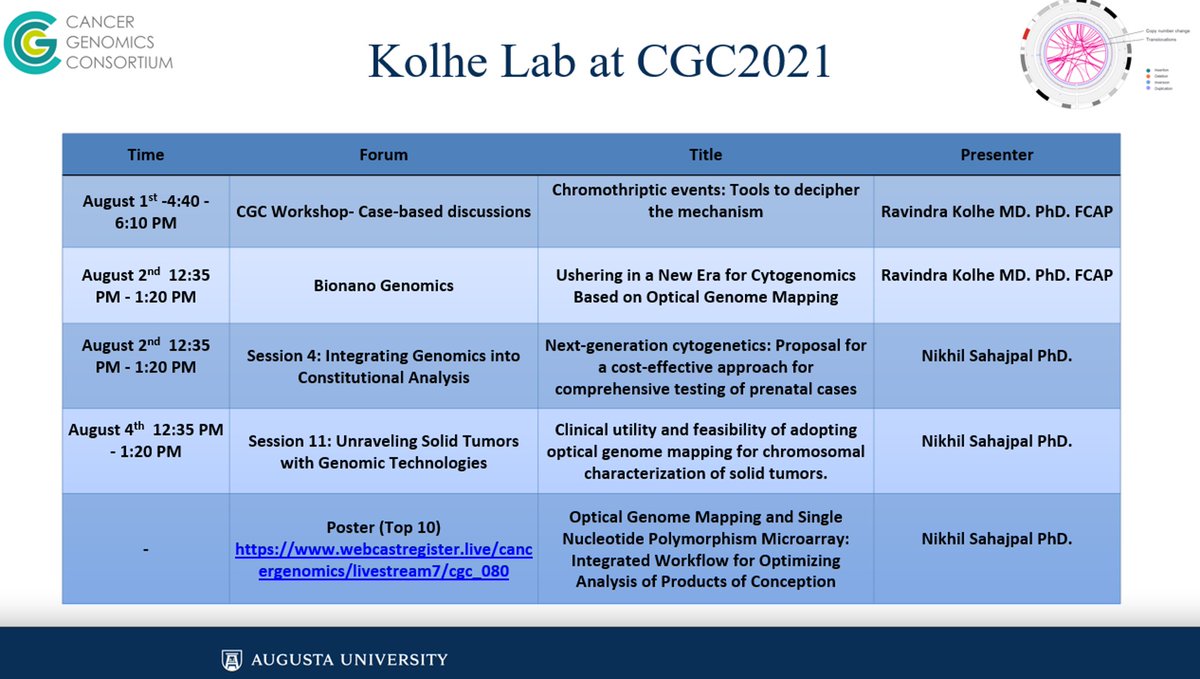 Starting tomorrow, please join me at the annual 2021 CGC virtual meeting. This is a very high-yield meeting on cancer genomics with a focus on clinical diagnostics. This year the #kolhelab is very well represented by <a href="/NikhilSahajpal/">Nikhil Sahajpal</a> with a major focus on  #OGM. <a href="/CG_Consortium/">Cancer Genomics Consortium (CGC)</a>.