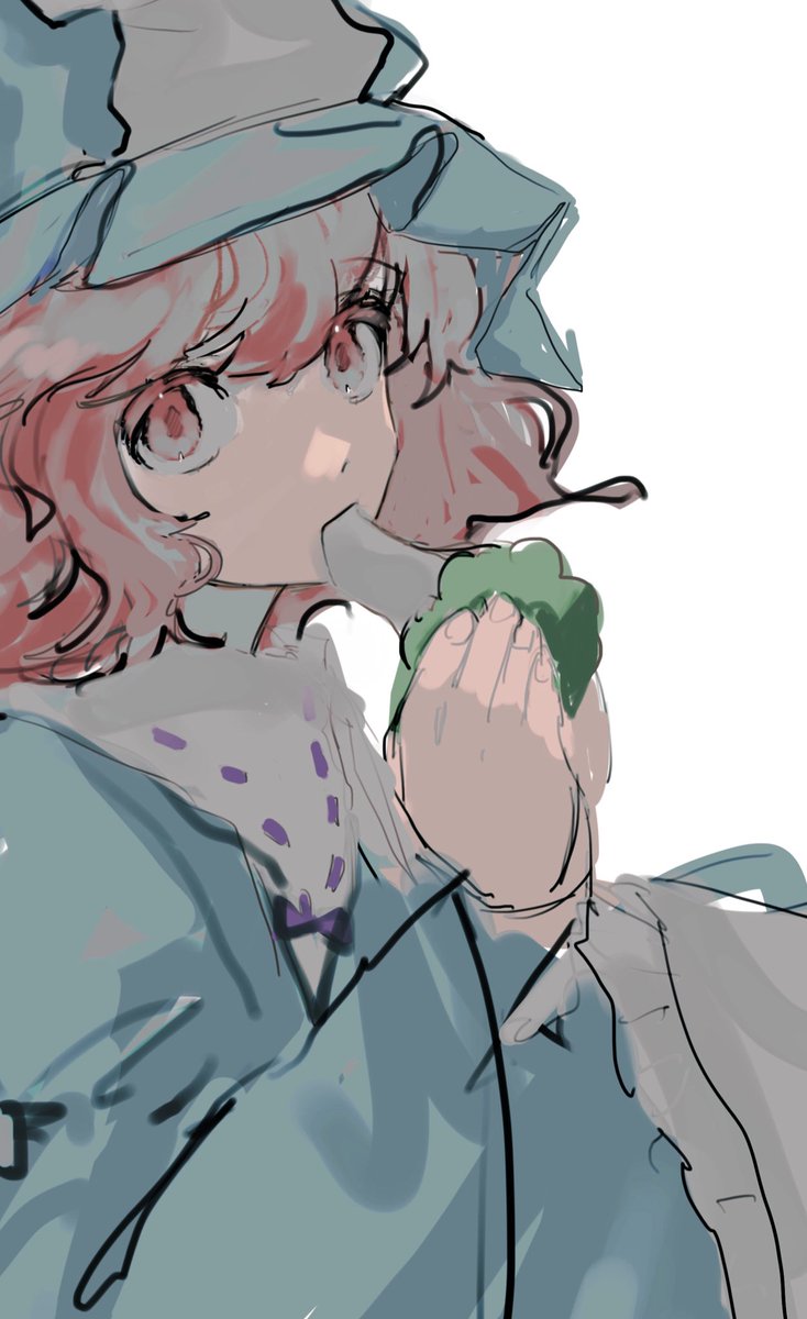 saigyouji yuyuko 1girl solo pink hair hat eating food white background  illustration images