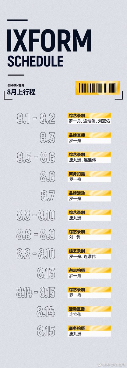 IXFORM weibo update luo yizhou's schedule part

8.1-8.2 variety recording (with 3,4)
8.3 brand livestream
8.6 commercial filming
8.7 brand event
8.8 - 8.10 variety recording (with 3)
8.13 magazine shoot
8.14 - 8.15 variety recording