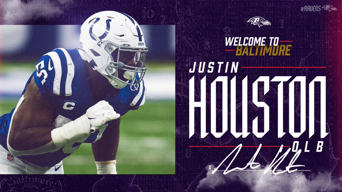 Ravens's tweet photo. We have agreed to terms with Justin Houston, pending the passing of a physical.

Welcome to Baltimore ‼️ https://t.co/K7dv3k0R1Y