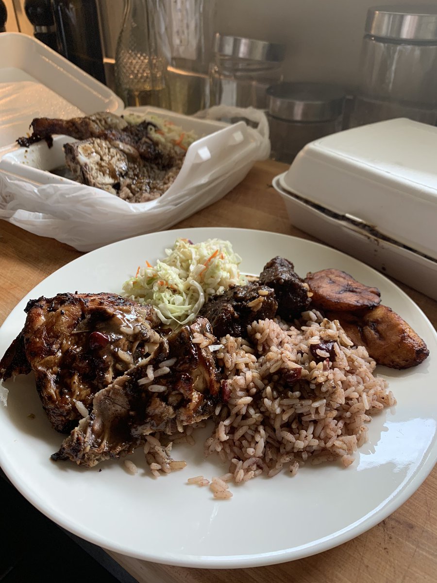 Delicious local takeaway this weekend from Simply Irie! Jerk Chicken, Oxtail, Rice and Beans, Fried Plantain 😋 #supportlocal #yyclocal