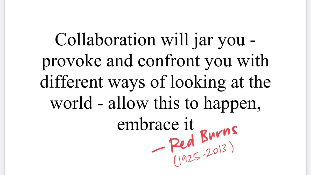 “Collaboration will jar you - provoke and confront you with different ways of looking at the world - allow this to happen, embrace it.” —Red Burns (1925-2013) <a href="/NYUTischSchool/">NYU Tisch School</a> creativeleadership.com/cl/assets/2013… 💛#missingred