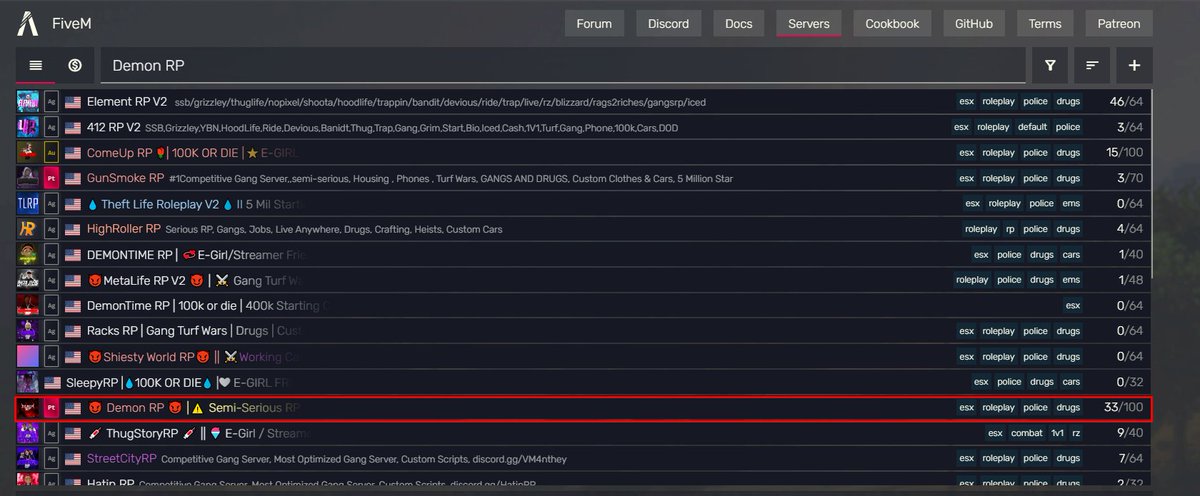 opposition___'s tweet image. My server doesn&apos;t even pop up first because everyone has Demon or DemonRP in their tags for their servers... How is this even fair? Basically forced to buy boost to keep me at the top to rep the DemonRP name.. @_FiveM