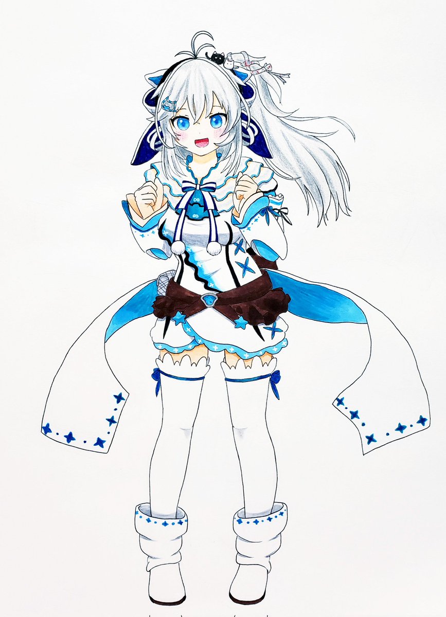 1girl solo blue eyes thighhighs hair ornament white hair open mouth  illustration images