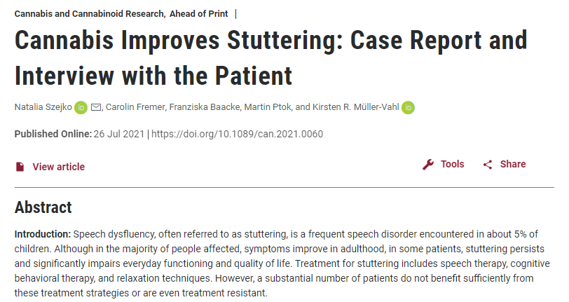 ⚕️Estudio en un caso: mejora con #cannabinoides de la #tartamudez refractaria; debe confirmarse en estudios controlados.
📆26.07.21
Natalia Szejko, Carolin Fremer, Franziska Baacke, Martin Ptok, and Kirsten R. Müller-Vahl. ✔️doi.org/10.1089/can.20…