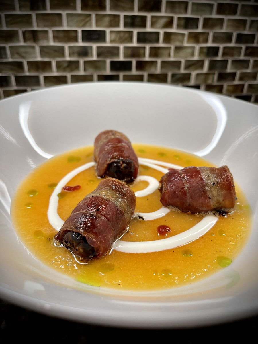 DrLCsquare's tweet photo. Course #2: Cantaloupe Gazpacho with goat cheese stuffed dates wrapped in Bacon #CookingWithLC #ChemistsWhoCook #AnniversaryDinner https://t.co/vUM3zaQwZl