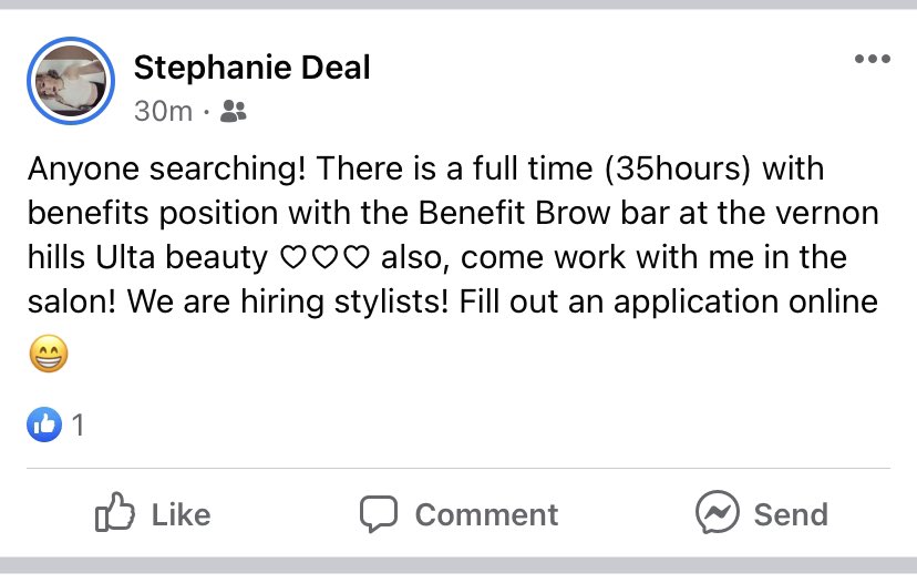 RT @_ggarcia15: Ulta in Vernon Hills is looking for a new Arch expert to work at the benefit brow bar! https://t.co/AL59DSKK4O