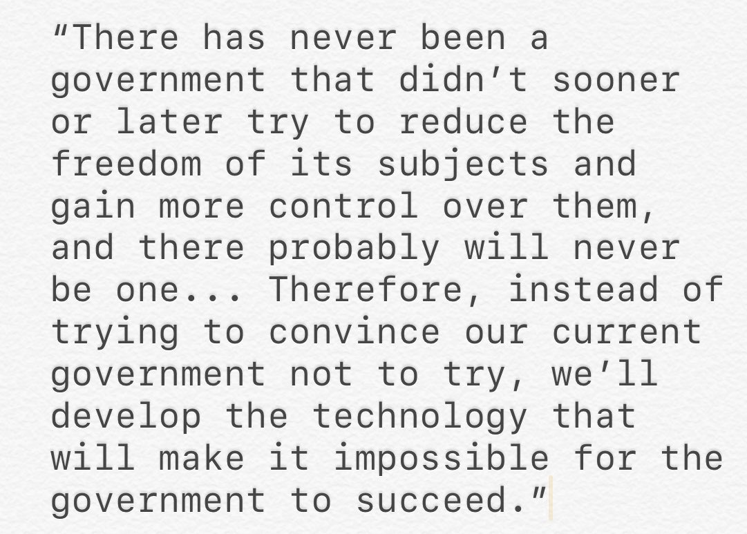 Grateful for those trying to convince the govt to not pass restrictive  legislation but ultimately Bitcoin is the product of activists who thought  we should seize — not beg for — our