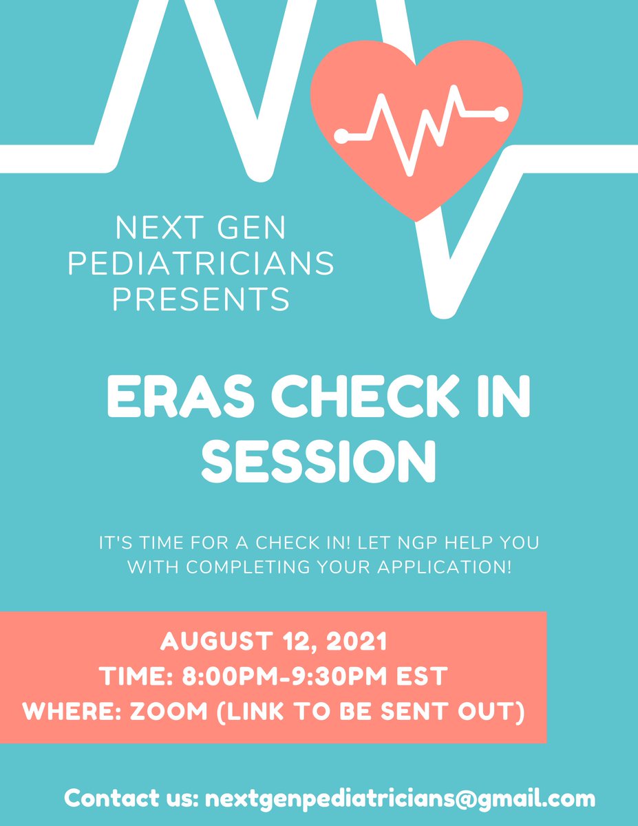 Hey Next Gen Pediatricians! Join us for a ERAS check in session! We want to help you answer any questions or concerns that have come up as you prepare your residency application. WE ARE HERE FOR YOU! See you there!!