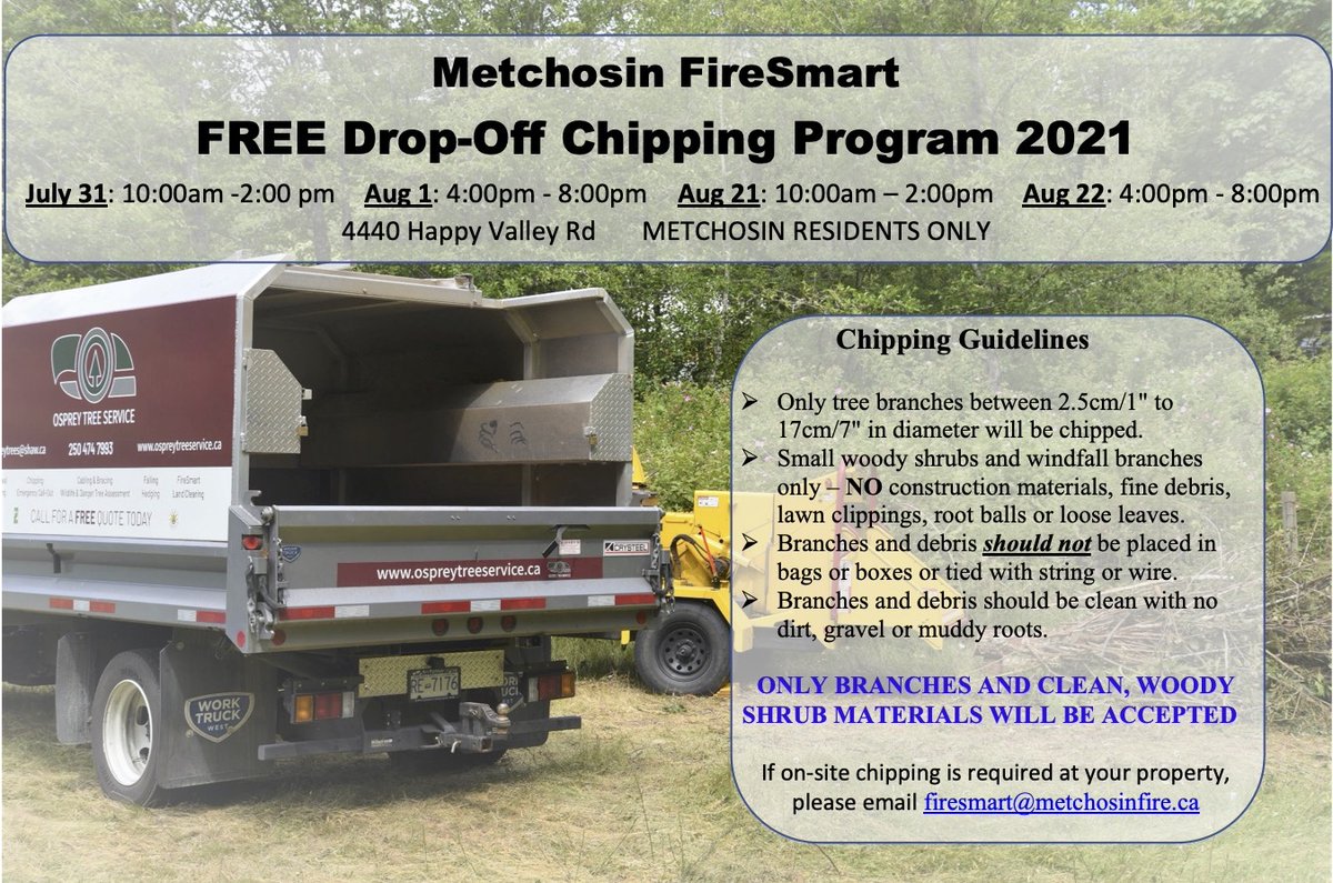 It was a great day of chipping today, thanks to all that came out! 
Please come on by TOMORROW from 4pm-8pm.
#MetchosinFireSmart #OspreyCrew #ChippingProgram #FireSmartBC #IAMFireSmart