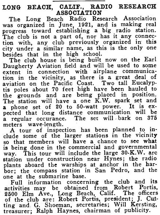 KSS_RRSLB's tweet photo. From Radio News published in November of 1921. Here we find the first mention of the Long Beach Radio Research Association being organized in June of 1921. #KE6LB #100years #LongBeach #hamradio https://t.co/Q0Ixi7TG3p