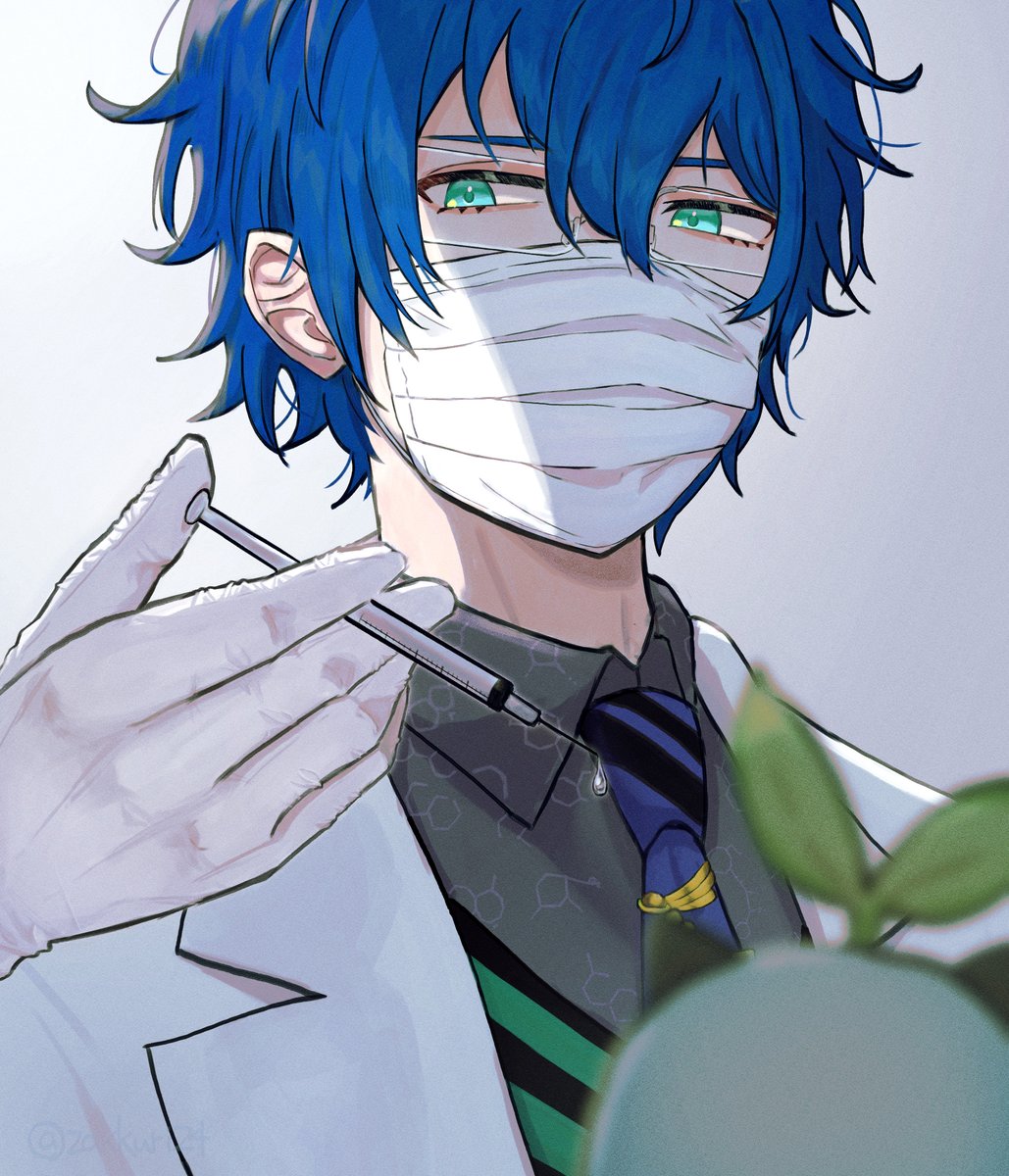1boy mouth mask mask male focus blue hair necktie solo  illustration images