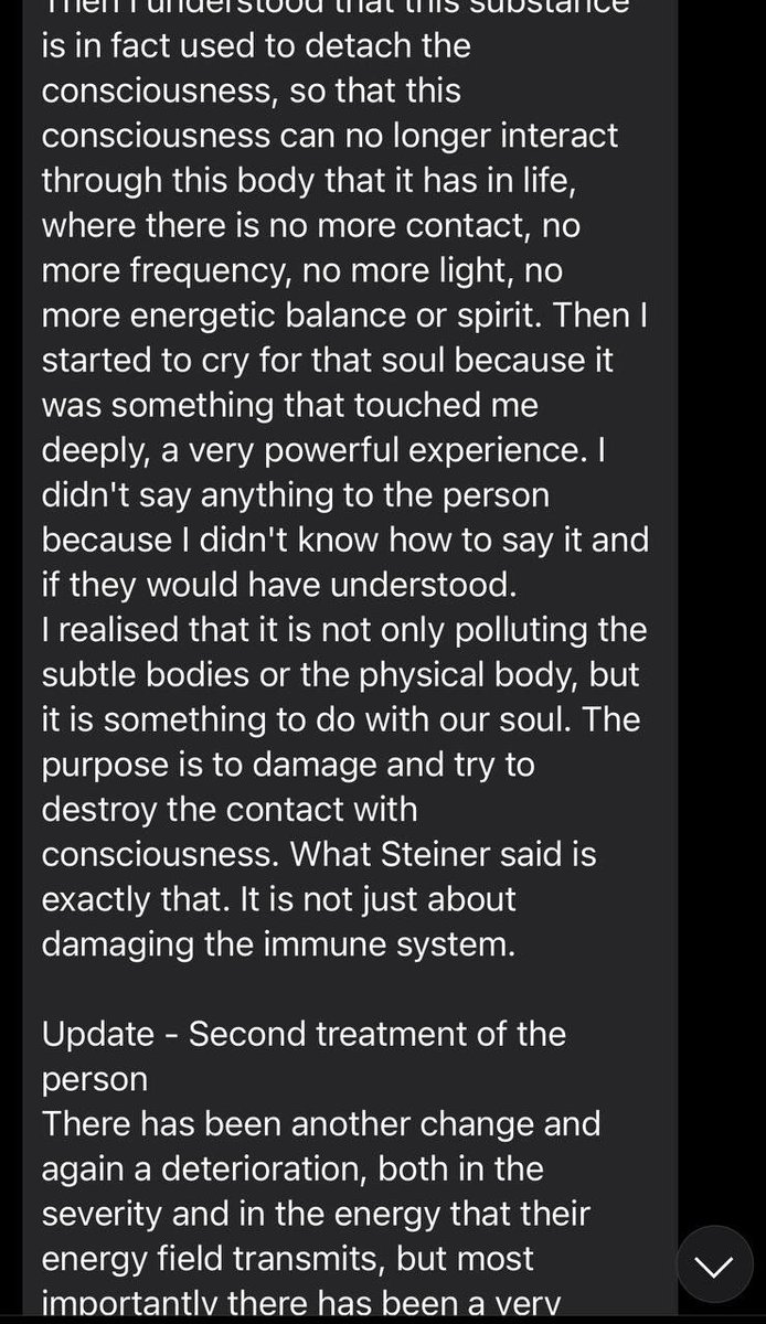 TruthSeeker1020's tweet photo. French healer’s reveal about changes in a vaccinated client.
The physical body’s connection w/consciousness &amp;the soul was lost.
The soul has been expelled from the physical body &amp; cannot communicate w/the emotional &amp;mental bodies to continue the process of incarnation &amp; evolution https://t.co/WAAqrE156V
