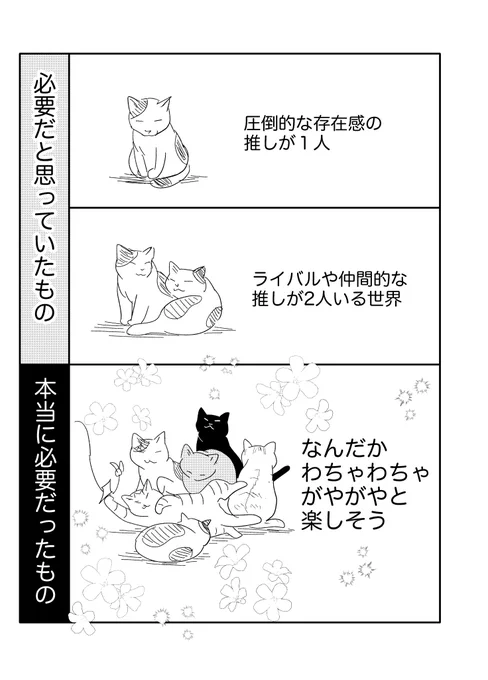 さっきの記事と友人との語りで少しわかった気がした(猫で例えてみた)私が求めていたのは圧倒的な存在感の推し一人じゃなかったんだ…。
#推し 