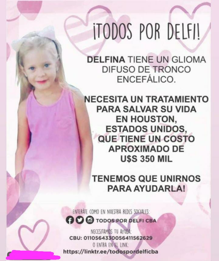 Delfi es una niña de Villa María que necesita 350 mil dólares para tratarse un cáncer raro en EEUU, ya que en Argentina no hay tratamiento. Es urgente y cada día cuenta. La ciudad entera le está pidiendo ayuda a <a href="/santumaratea1/">santumaratea</a>