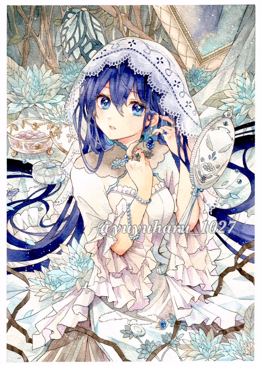 1girl blue eyes blue hair dress solo jewelry long hair  illustration images