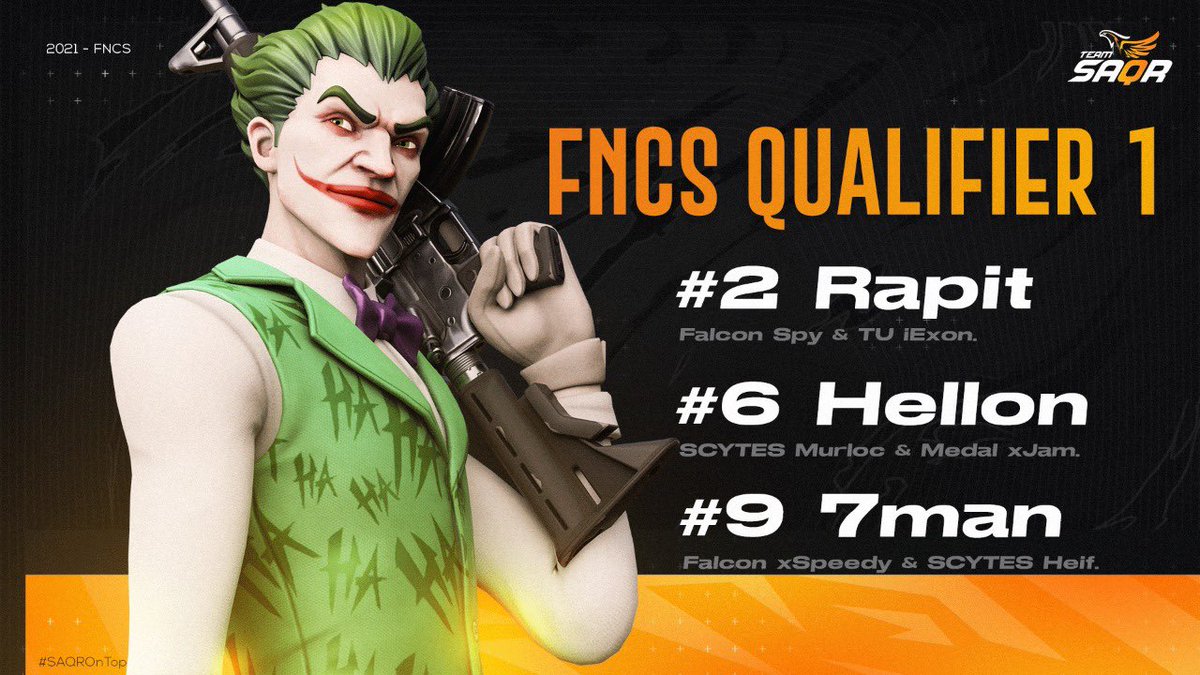 Well done, 👏🏻

Our SAQRS FNCS Qualifiers Week 1

#2 <a href="/_rapit/">Booberjacob</a> 
#6 <a href="/Hellonsteam/">OE HELLON</a> 
#9 <a href="/7man25/">7man</a> 

#SAQRONTOP 🦅