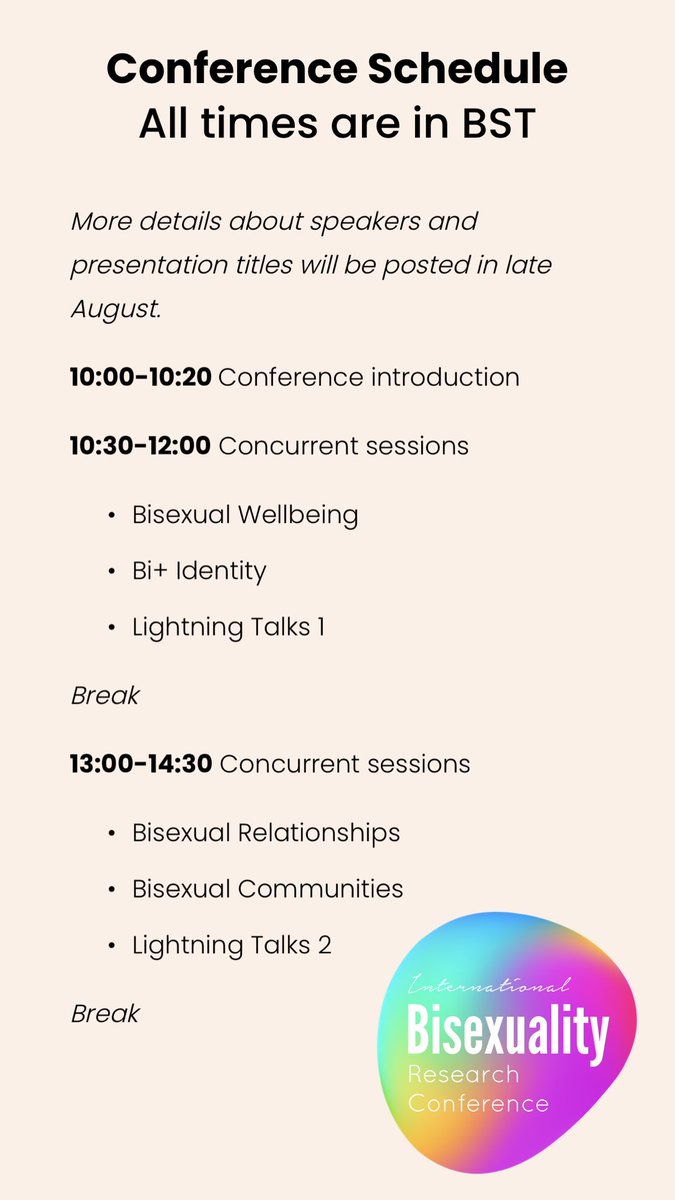 bisexualscience's tweet photo. We are thrilled to announce that there will be ✨70✨ speakers at our international bisexuality research conference on September 25th!

Here is the preliminary schedule. Mark your calendars! More details coming soon.

Register your interest to join us👇https://t.co/9ghFDZ700e https://t.co/q5NLEJpZvh