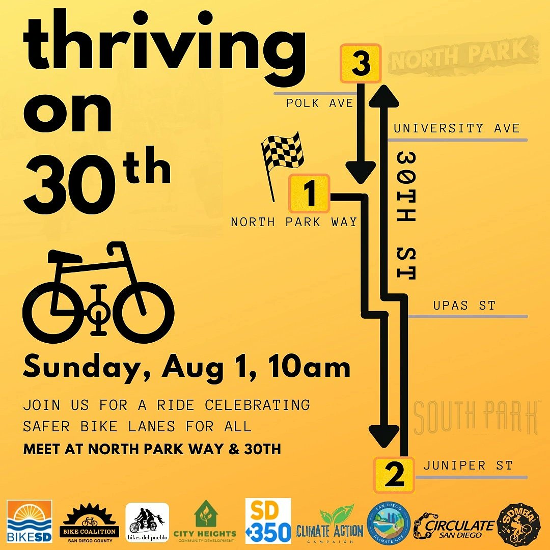Who's biking with us tomorrow for #ThriveOn30th? 
Meet at North Park Way &amp; 30th St at 10am for a celebration ceremony followed by a group ride to celebrate North Park's new bike safety improvements. After we'll pick out fav businesses to suppprt.