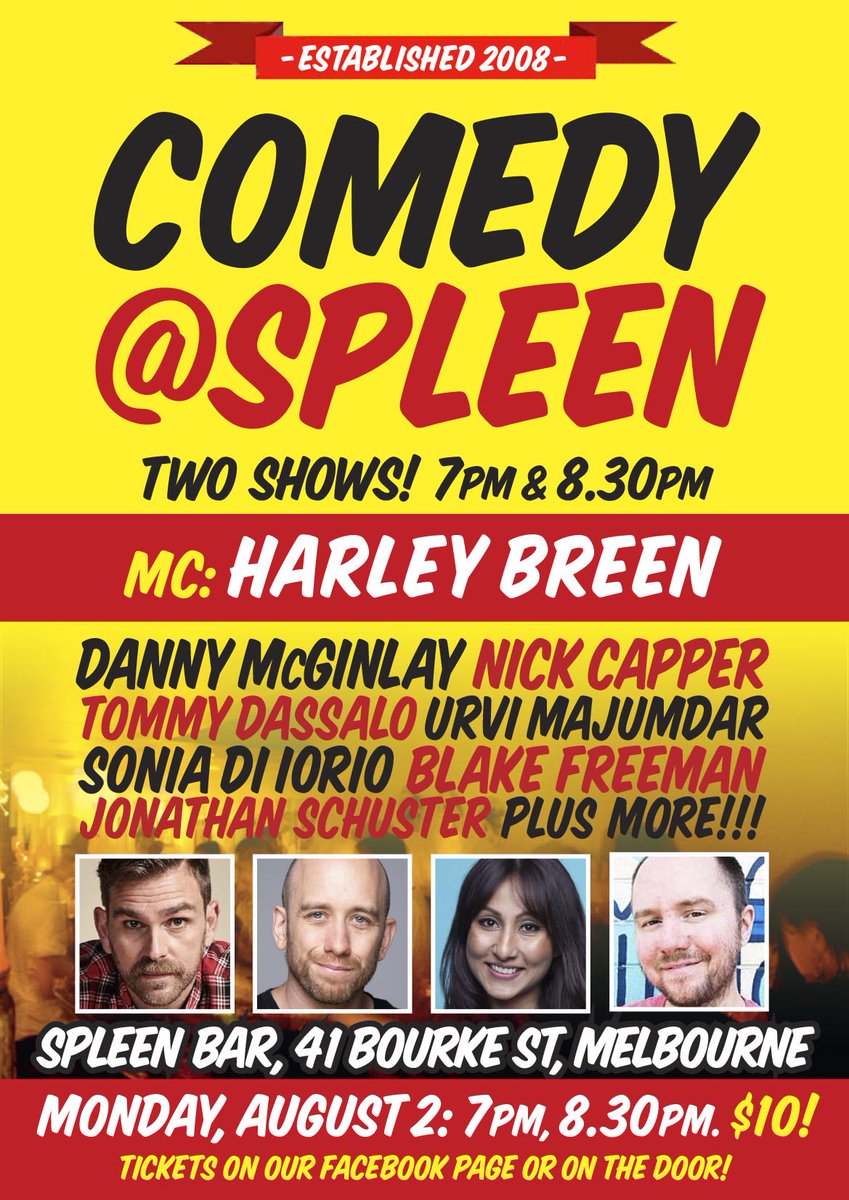 RT @ComedyAtSpleen: MONDAY!
Two shows! 7pm and 8.30pm!
Hosted by @harleybreen!
Tickets: https://t.co/learq1dvBr https://t.co/vFGCLEz06b
