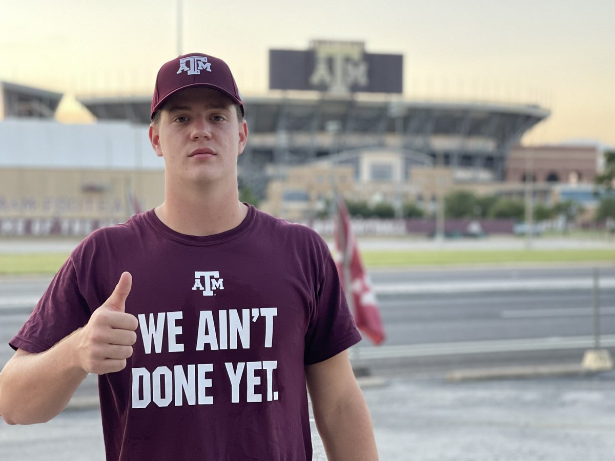 2023 Texas A&amp;M QB commit Eli Holstein rocking the ‘We Ain’t Done Yet’ t shirt today.