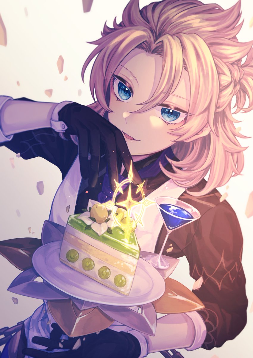 albedo (genshin impact) 1boy male focus food gloves cake black gloves solo  illustration images