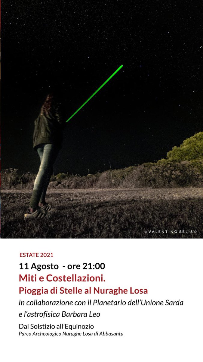 11 agosto 2021
ore 21:00
Parco Archeologico del #NuragheLosa 
✨
In collaborazione con #AstroTurismoSardegna e <a href="/PlanetarioSardo/">PlanetarioUnionSarda</a> 
Con l’astrofisica #BarbaraLeo.
 
#MitiECostellazioni
Pioggia di stelle al Nuraghe Losa 
Info👇🏼
nuraghelosa.net/miti-e-costell…
