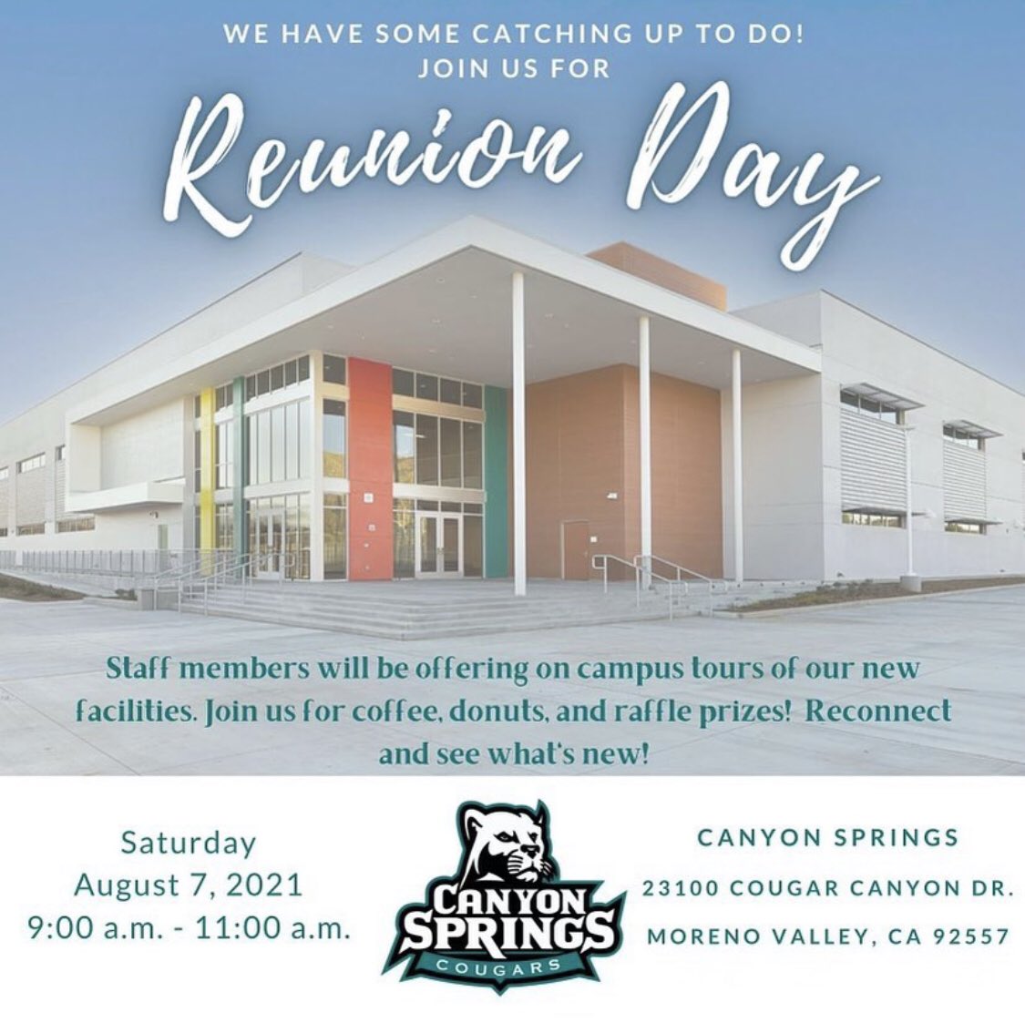Canyon Springs High School (@cshs_cougars) on Twitter photo We have missed you, Cougars! Join us for Reunion Day. <a href="/Athletics_CSHS/">Canyon Springs High School Athletics</a> <a href="/MorenoValleyUSD/">Moreno Valley USD</a> <a href="/Champ_The_Coug/">Champ</a> We have missed you, Cougars! Join us for Reunion Day. <a href="/Athletics_CSHS/">Canyon Springs High School Athletics</a> <a href="/MorenoValleyUSD/">Moreno Valley USD</a> <a href="/Champ_The_Coug/">Champ</a>