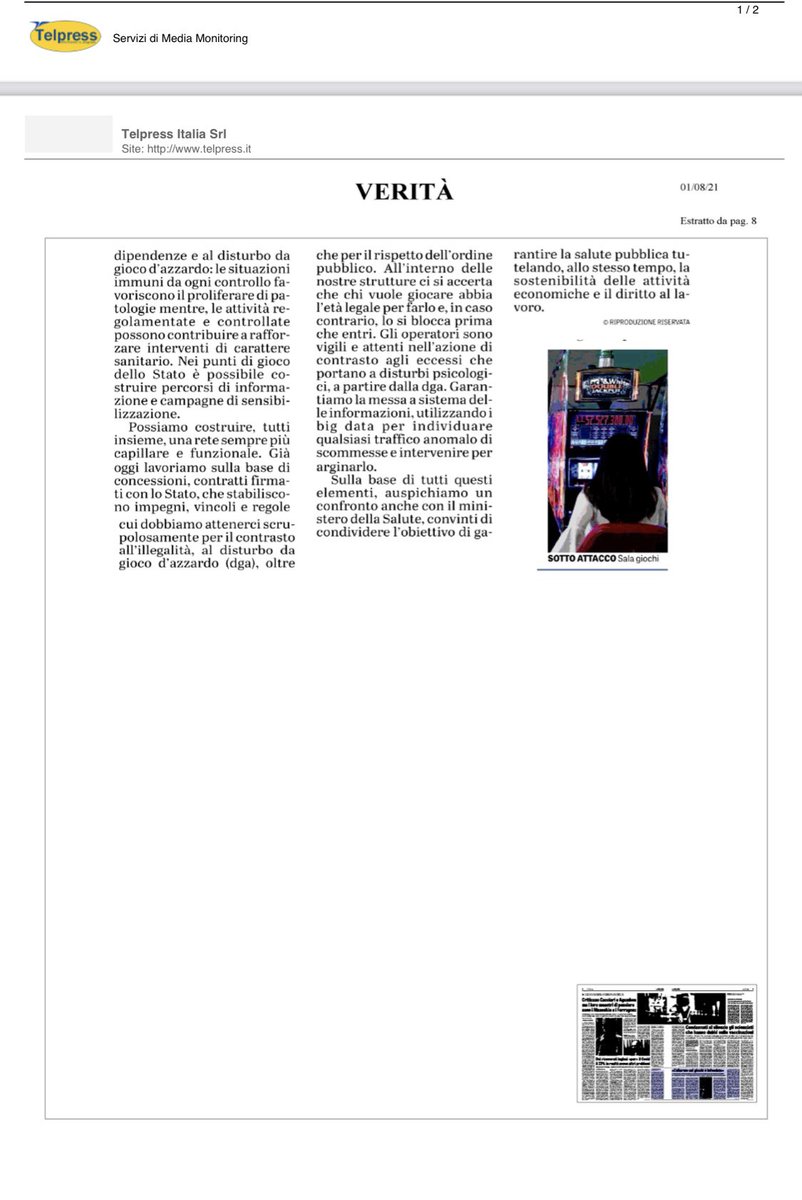 Geronimo_Cardia's tweet photo. Ringrazio il quotidiano La Verita per la pubblicazione di oggi dell’articolo sul contributo attivo del sistema concessorio del gioco pubblico nell’azione di contrasto al disturbo da gioco d’azzardo. https://t.co/zl93RKwm5P