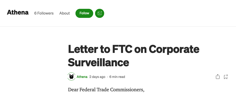 Letter to FTC on Corporate Surveillance

—>athenaforall.medium.com/ftc-surveillan…<—
__________
<a href="/adamcurry/">Adam Curry - curryirc.com</a> 
<a href="/THErealDVORAK/">John C. Dvorak</a> 
<a href="/NoAgendaNation/">NoAgendaNation.com</a> 
__________